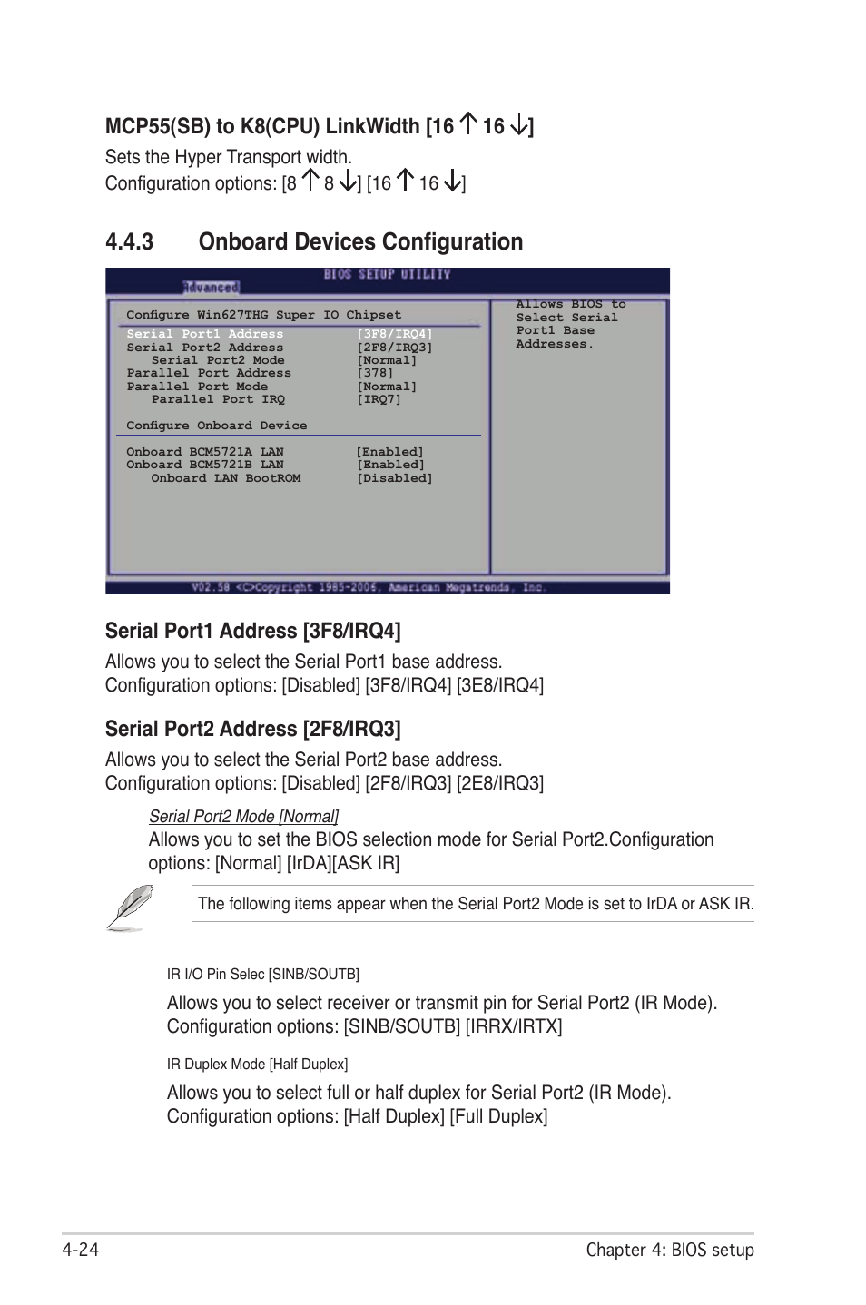 3 onboard devices configuration, Serial port1 address [3f8/irq4, Serial port2 address [2f8/irq3 | Asus M2N-LR/SATA User Manual | Page 77 / 113