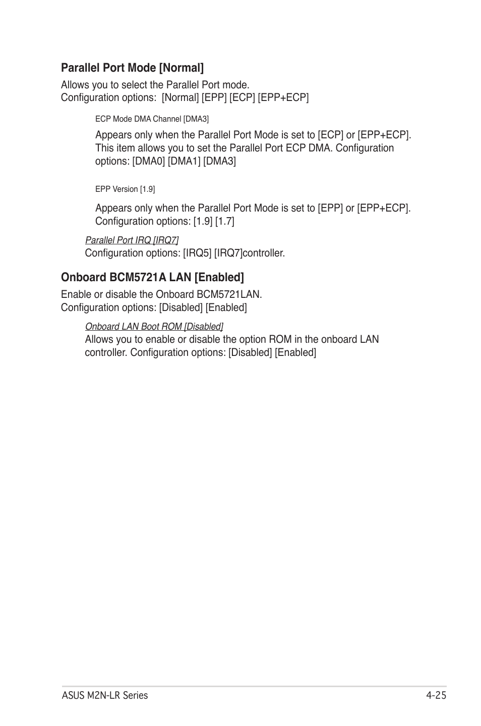 Parallel port mode [normal, Onboard bcm5721a lan [enabled | Asus M2N-LR/SATA User Manual | Page 78 / 113