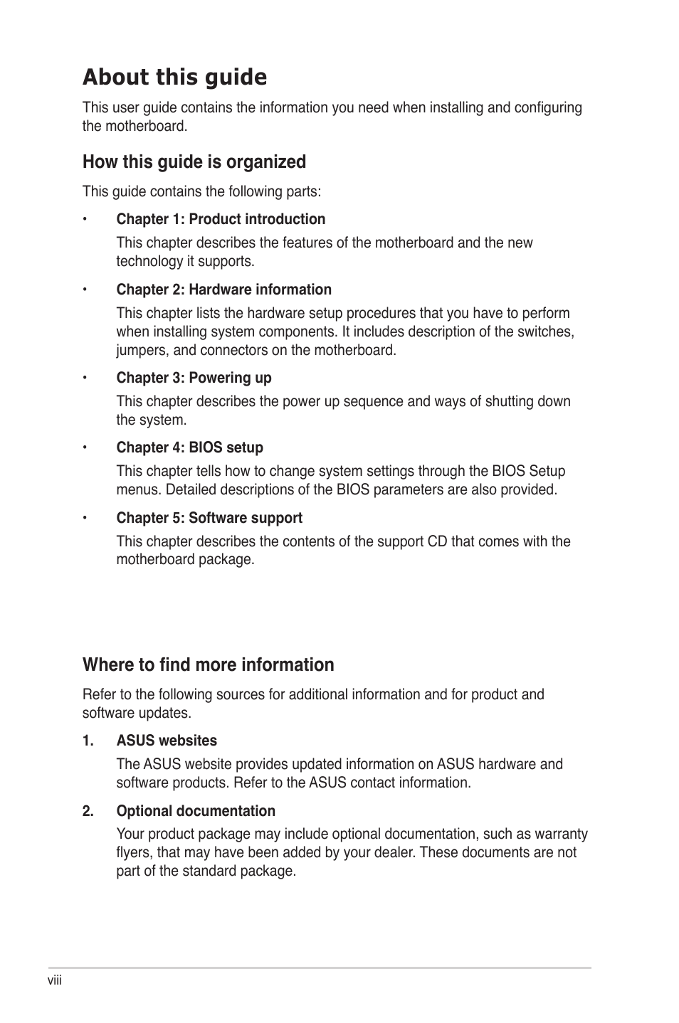 About this guide, How this guide is organized, Where to find more information | Asus M2N-LR/SATA User Manual | Page 8 / 113