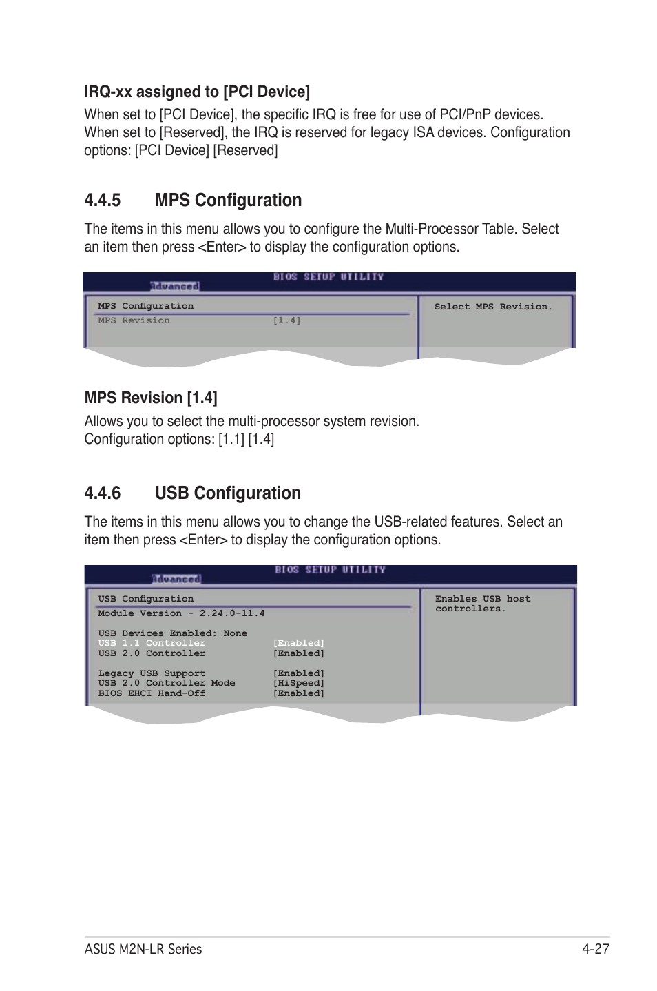 5 mps configuration, 6 usb configuration, Mps revision [1.4 | Irq-xx assigned to [pci device | Asus M2N-LR/SATA User Manual | Page 80 / 113