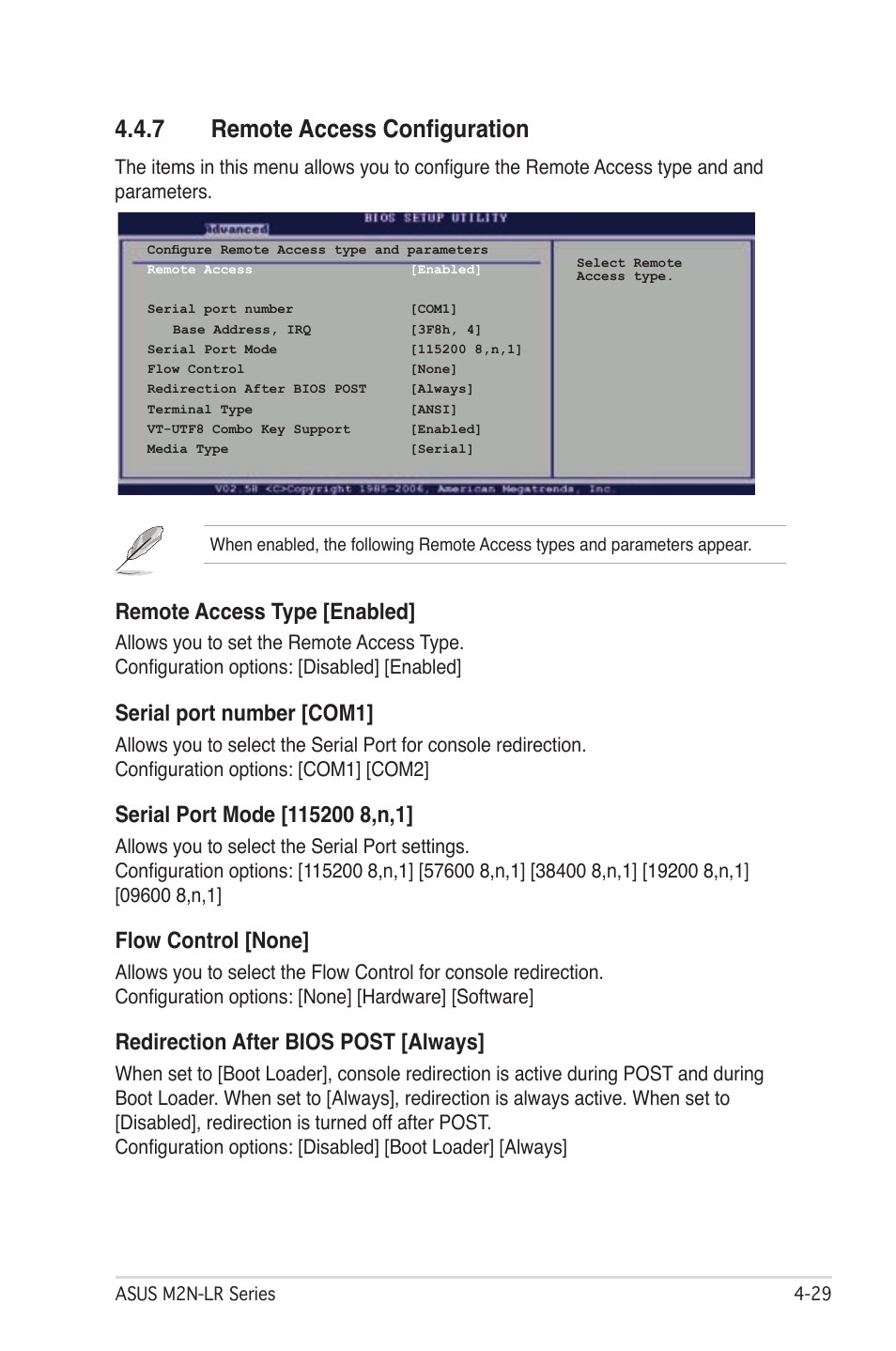 7 remote access configuration, Remote access type [enabled, Serial port number [com1 | Flow control [none, Redirection after bios post [always | Asus M2N-LR/SATA User Manual | Page 82 / 113