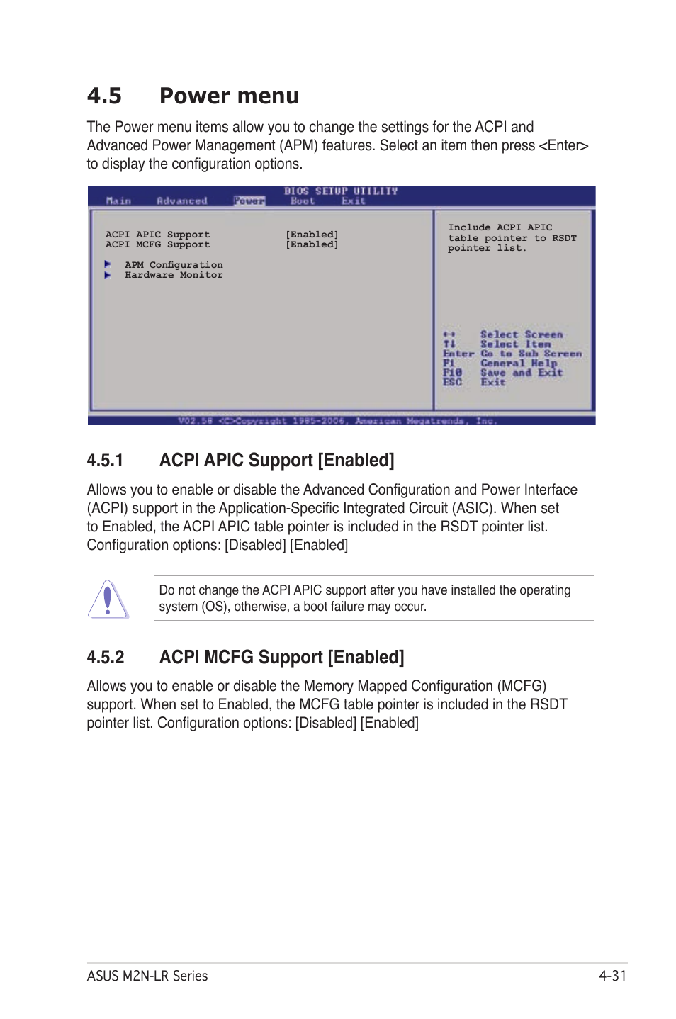 5 power menu, 2 acpi mcfg support [enabled, 1 acpi apic support [enabled | Asus M2N-LR/SATA User Manual | Page 84 / 113