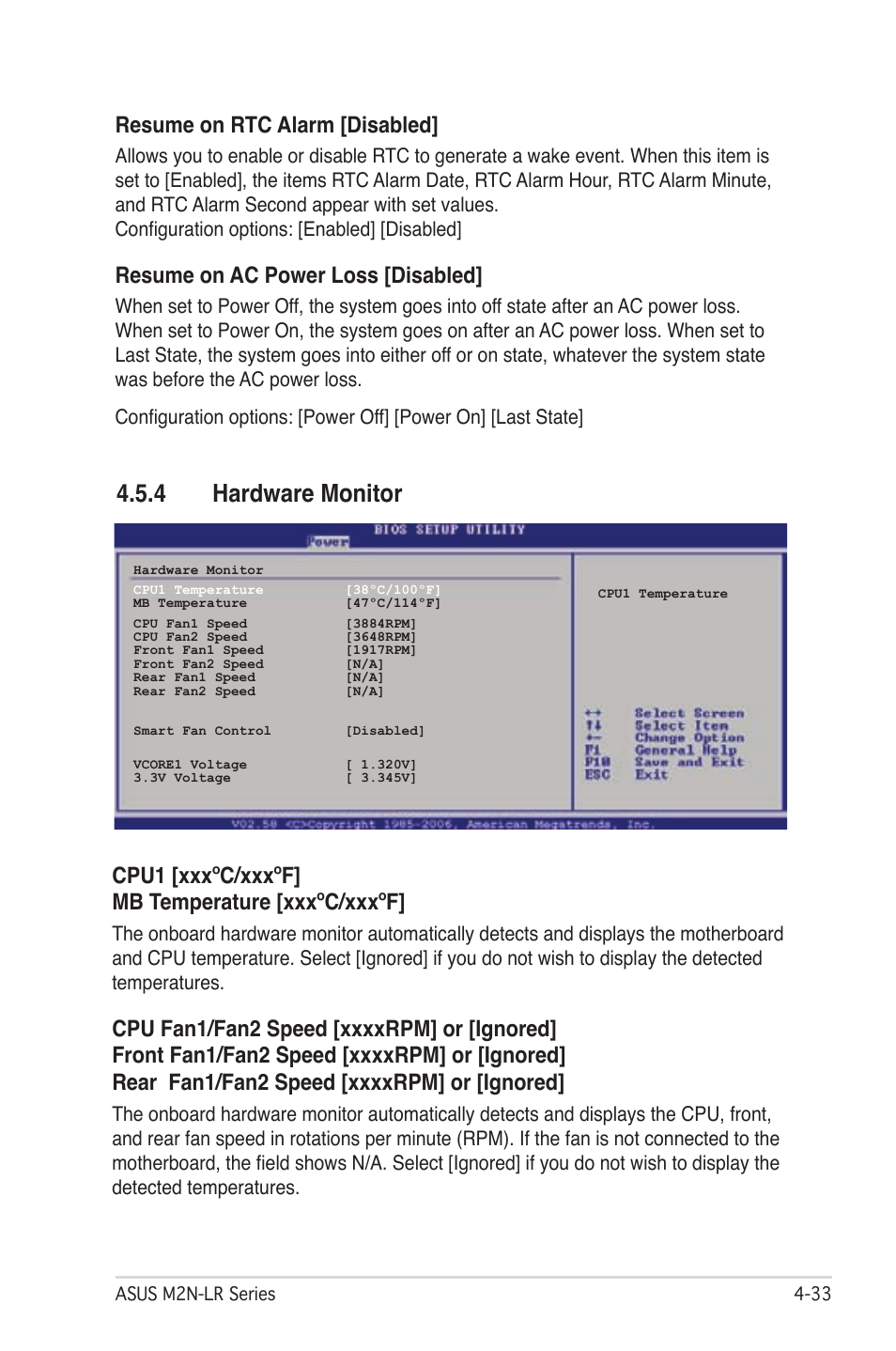 4 hardware monitor, Resume on rtc alarm [disabled, Resume on ac power loss [disabled | Cpu1 [xxxºc/xxxºf] mb temperature [xxxºc/xxxºf | Asus M2N-LR/SATA User Manual | Page 86 / 113