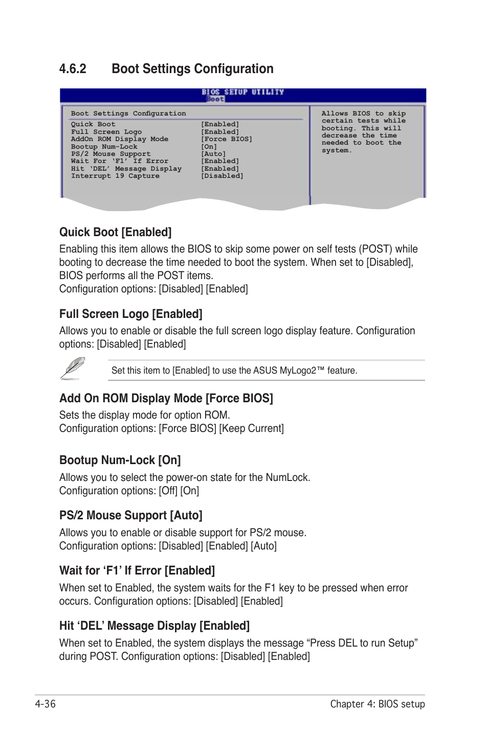 2 boot settings configuration, Quick boot [enabled, Full screen logo [enabled | Add on rom display mode [force bios, Bootup num-lock [on, Ps/2 mouse support [auto, Wait for ‘f1’ if error [enabled, Hit ‘del’ message display [enabled | Asus M2N-LR/SATA User Manual | Page 89 / 113