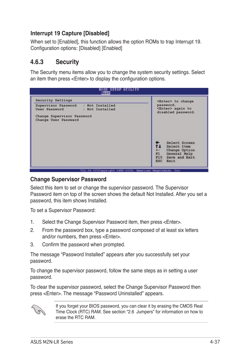 3 security, Interrupt 19 capture [disabled, Change supervisor password | Asus M2N-LR/SATA User Manual | Page 90 / 113
