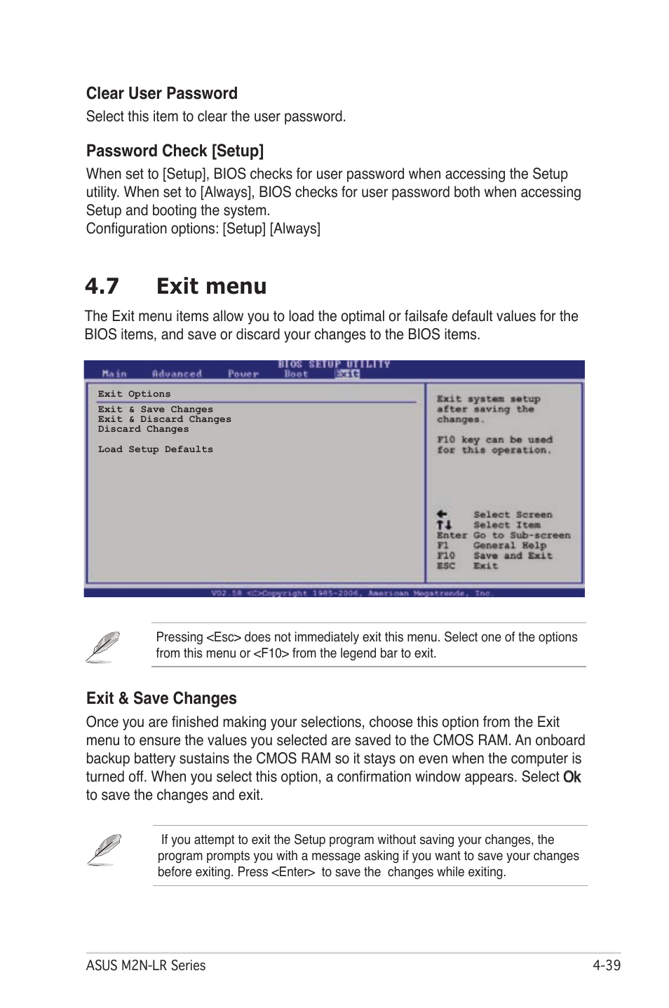 7 exit menu, Clear user password, Password check [setup | Exit & save changes | Asus M2N-LR/SATA User Manual | Page 92 / 113