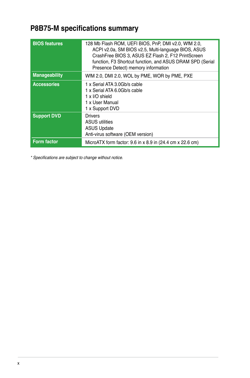 P8b75-m specifications summary | Asus P8B75-M User Manual | Page 10 / 78