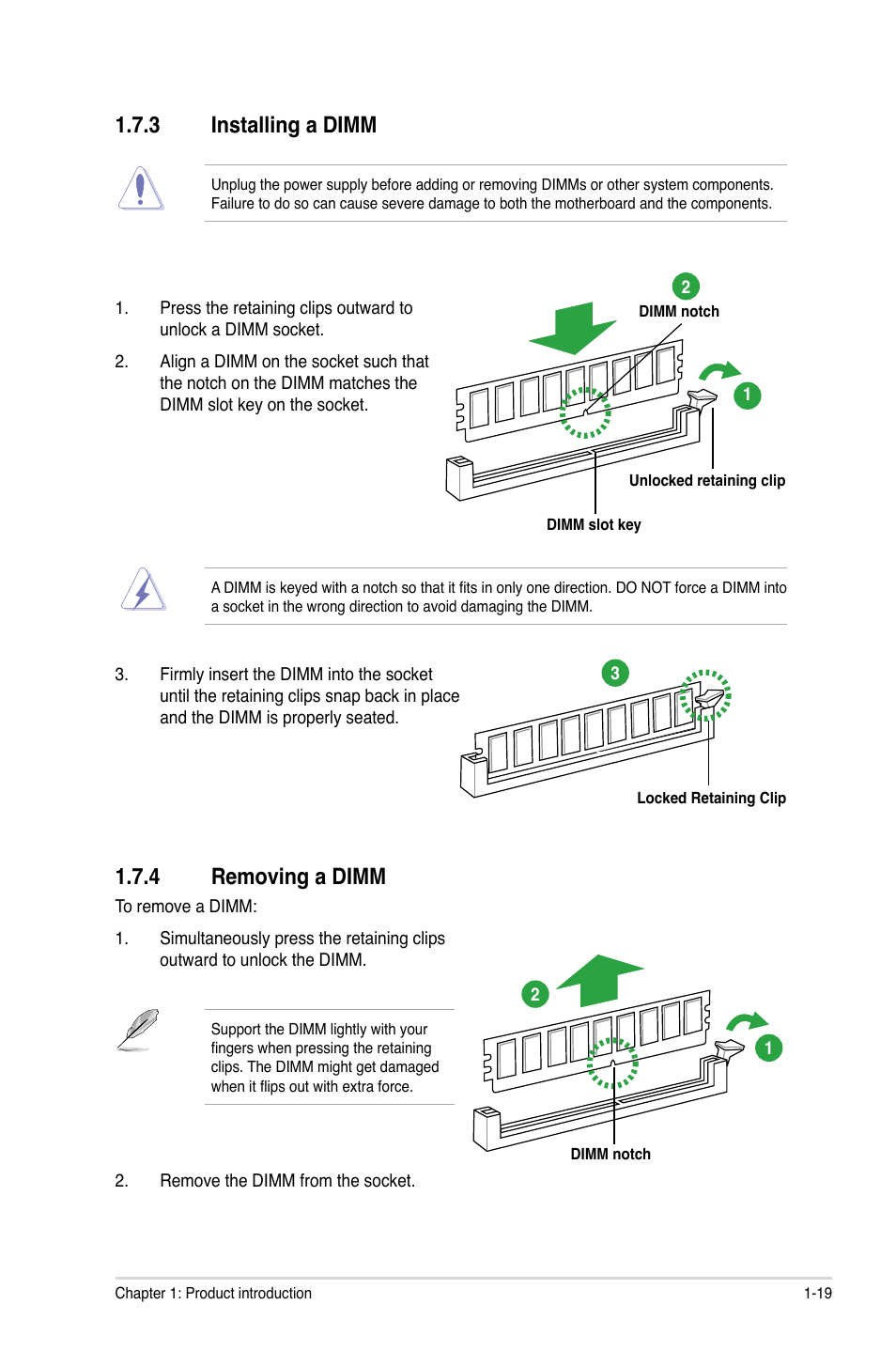 3 installing a dimm, 4 removing a dimm, Installing a dimm -19 | Removing a dimm -19 | Asus P8B75-M User Manual | Page 29 / 78