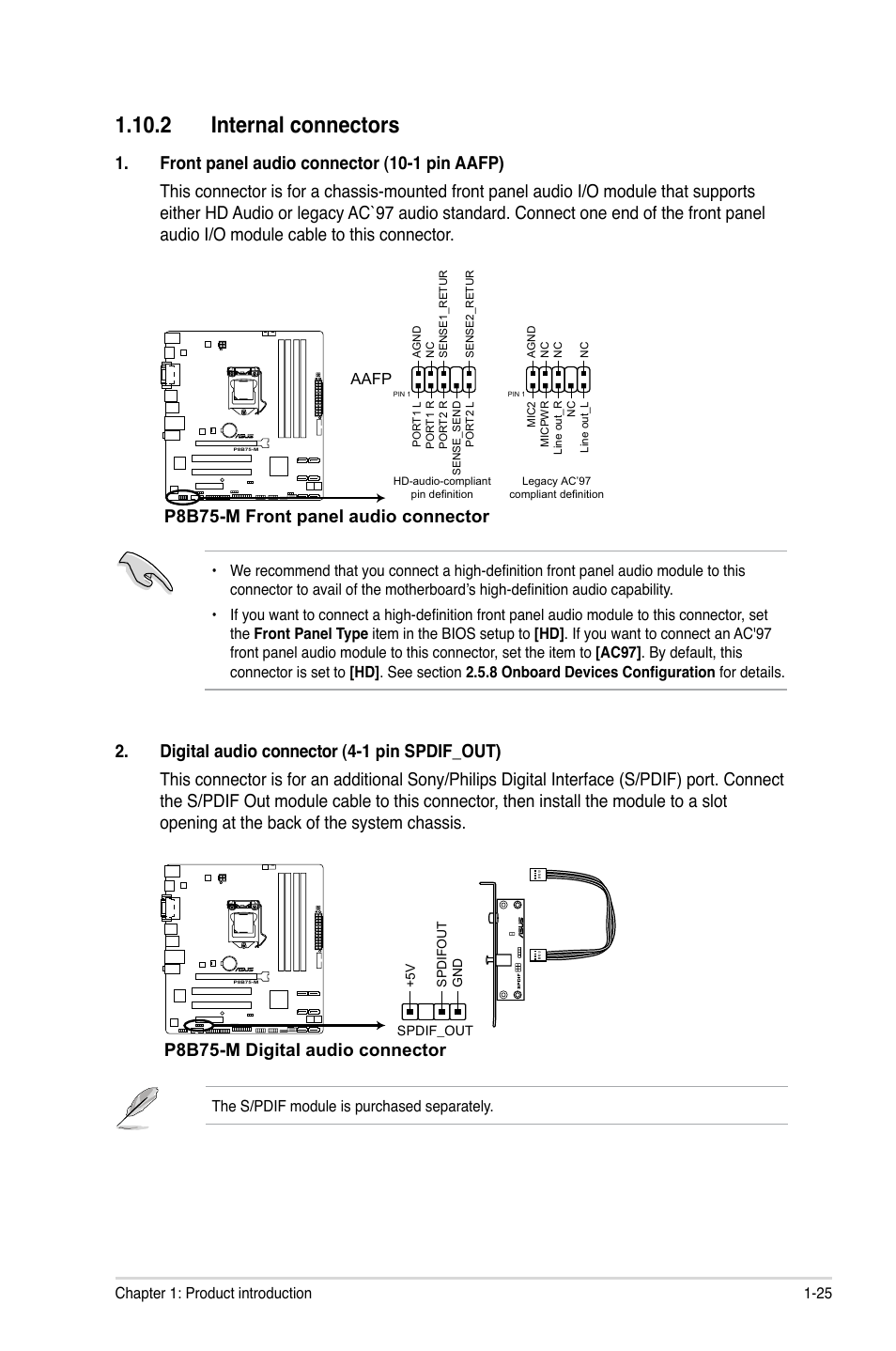 2 internal connectors, 2 internal connectors -25, P8b75-m front panel audio connector | P8b75-m digital audio connector | Asus P8B75-M User Manual | Page 35 / 78