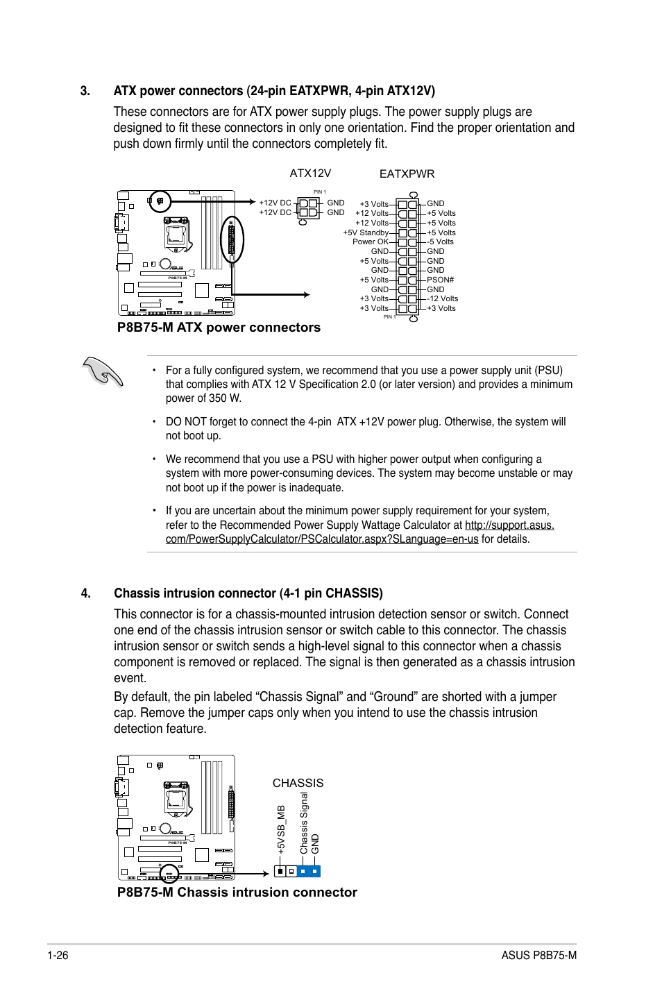 P8b75-m atx power connectors, P8b75-m chassis intrusion connector | Asus P8B75-M User Manual | Page 36 / 78