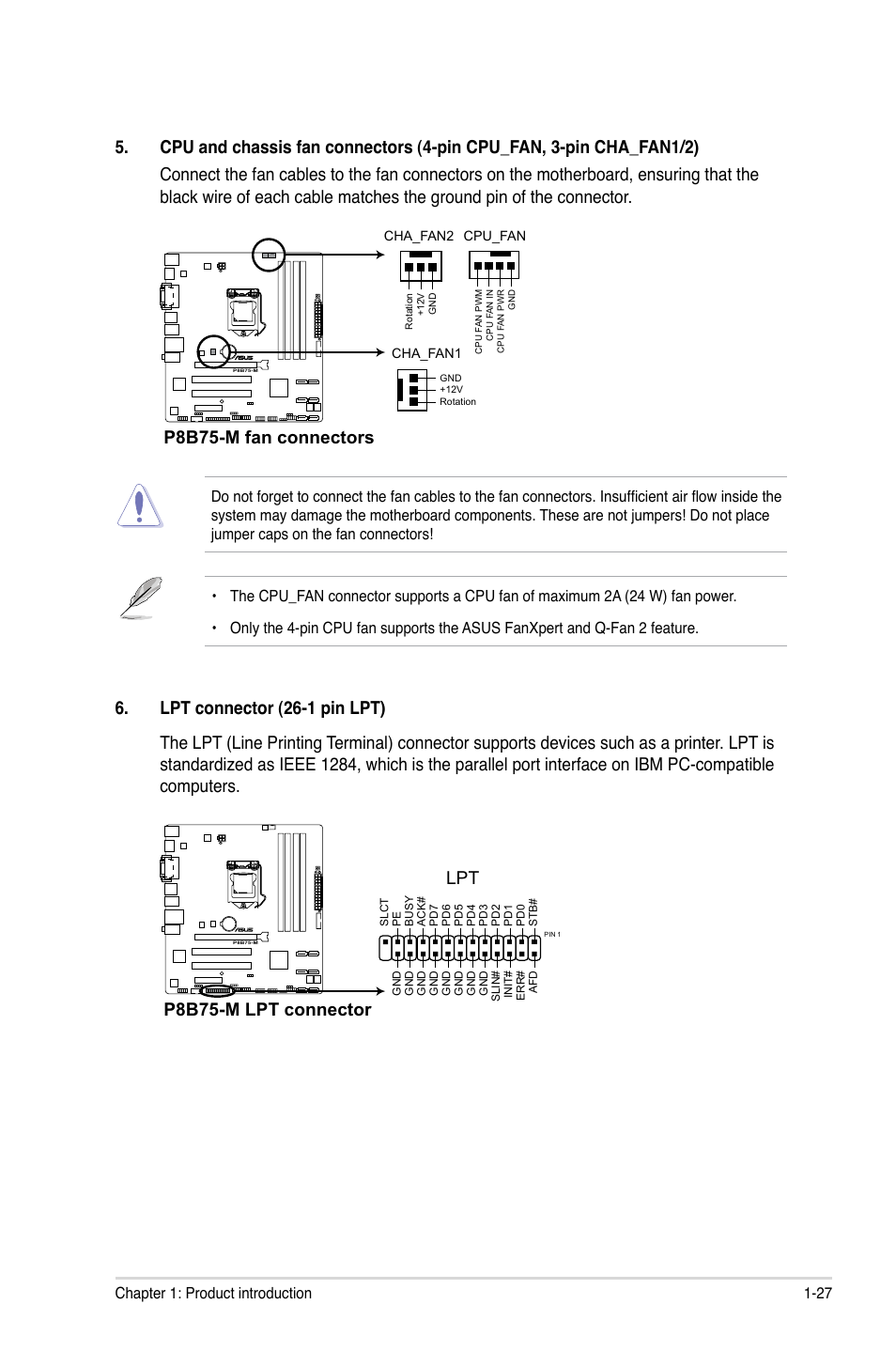 P8b75-m fan connectors, P8b75-m lpt connector lpt | Asus P8B75-M User Manual | Page 37 / 78