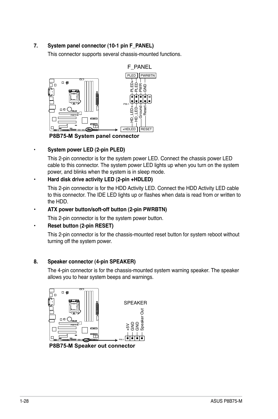 P8b75-m system panel connector, F_panel, P8b75-m speaker out connector | Asus P8B75-M User Manual | Page 38 / 78