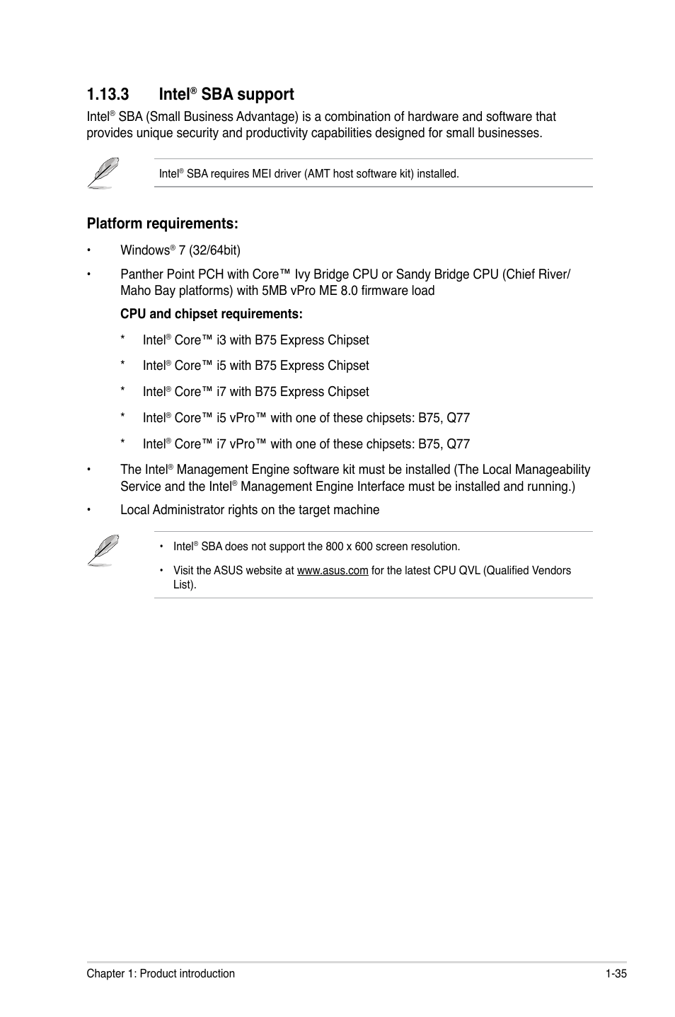 3 intel® sba support, 3 intel, Sba support -35 | Sba support, Platform requirements | Asus P8B75-M User Manual | Page 45 / 78