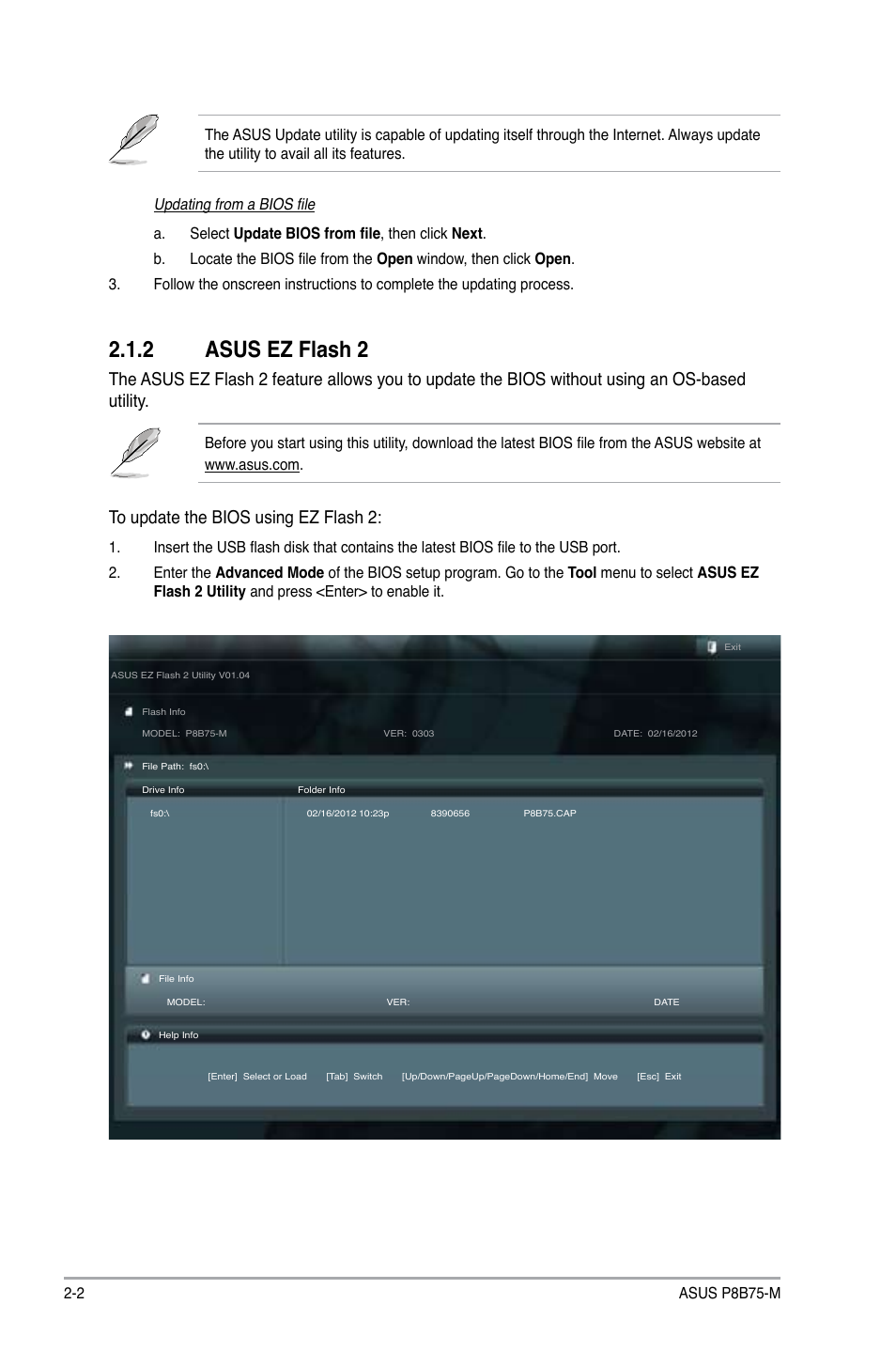 2 asus ez flash 2, Asus ez flash 2 -2, Updating from a bios file | Asus P8B75-M User Manual | Page 48 / 78