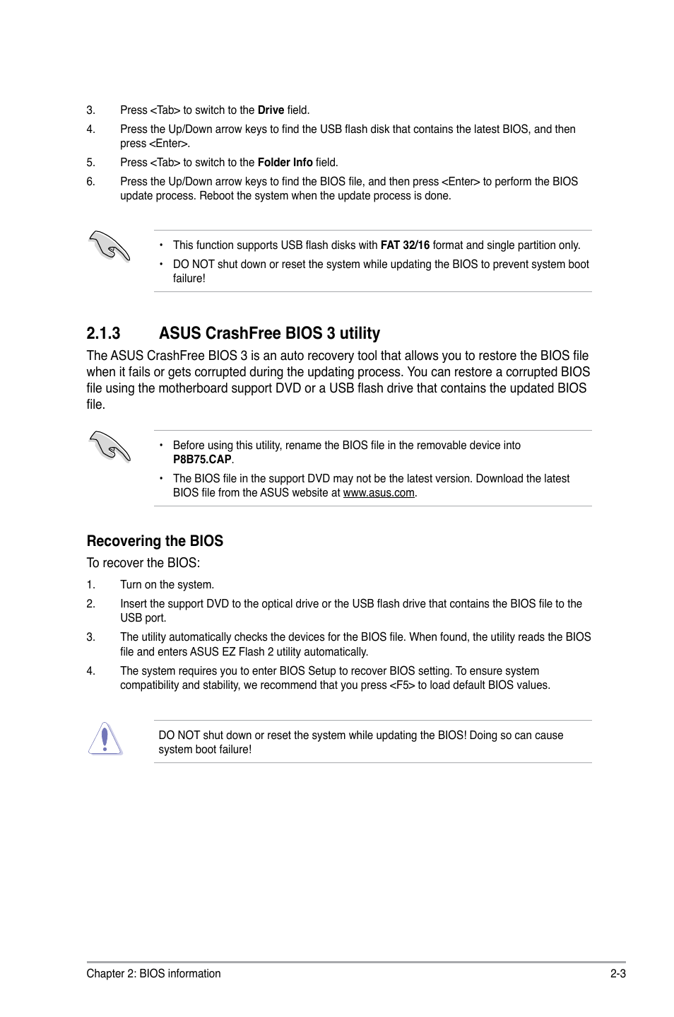 3 asus crashfree bios 3 utility, Asus crashfree bios 3 utility -3, Recovering the bios | Asus P8B75-M User Manual | Page 49 / 78