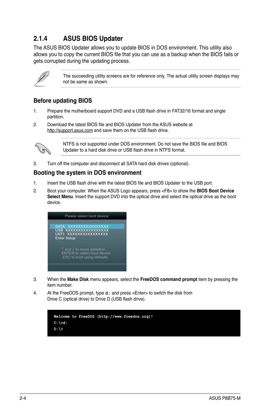 4 asus bios updater, Asus bios updater -4, Before updating bios | Booting the system in dos environment | Asus P8B75-M User Manual | Page 50 / 78