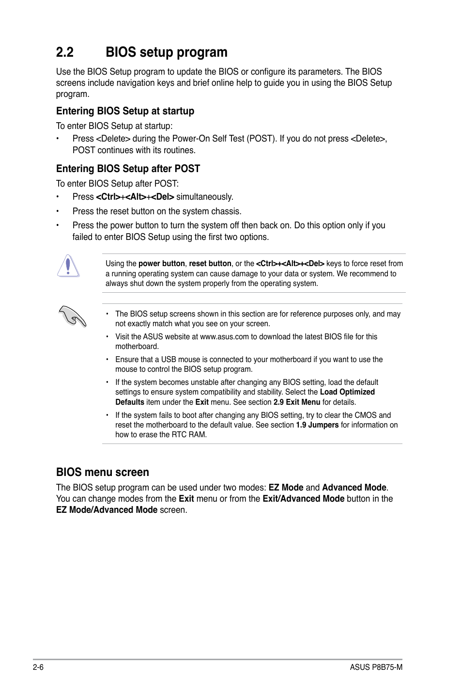 2 bios setup program, Bios setup program -6, Bios menu screen | Asus P8B75-M User Manual | Page 52 / 78