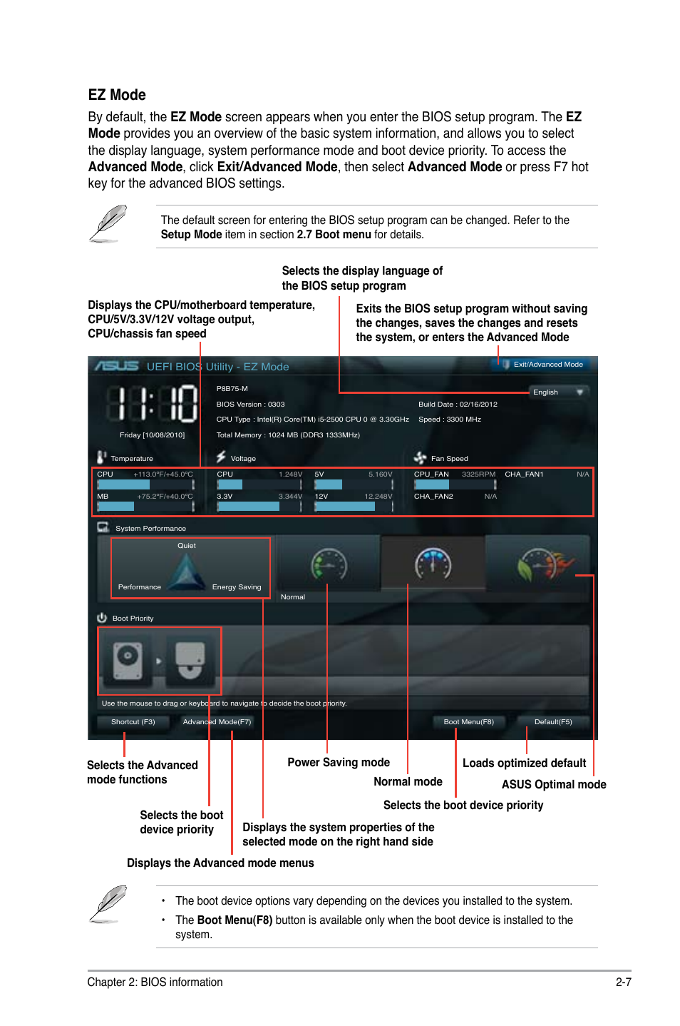 Ez mode, Chapter 2: bios information 2-7 | Asus P8B75-M User Manual | Page 53 / 78