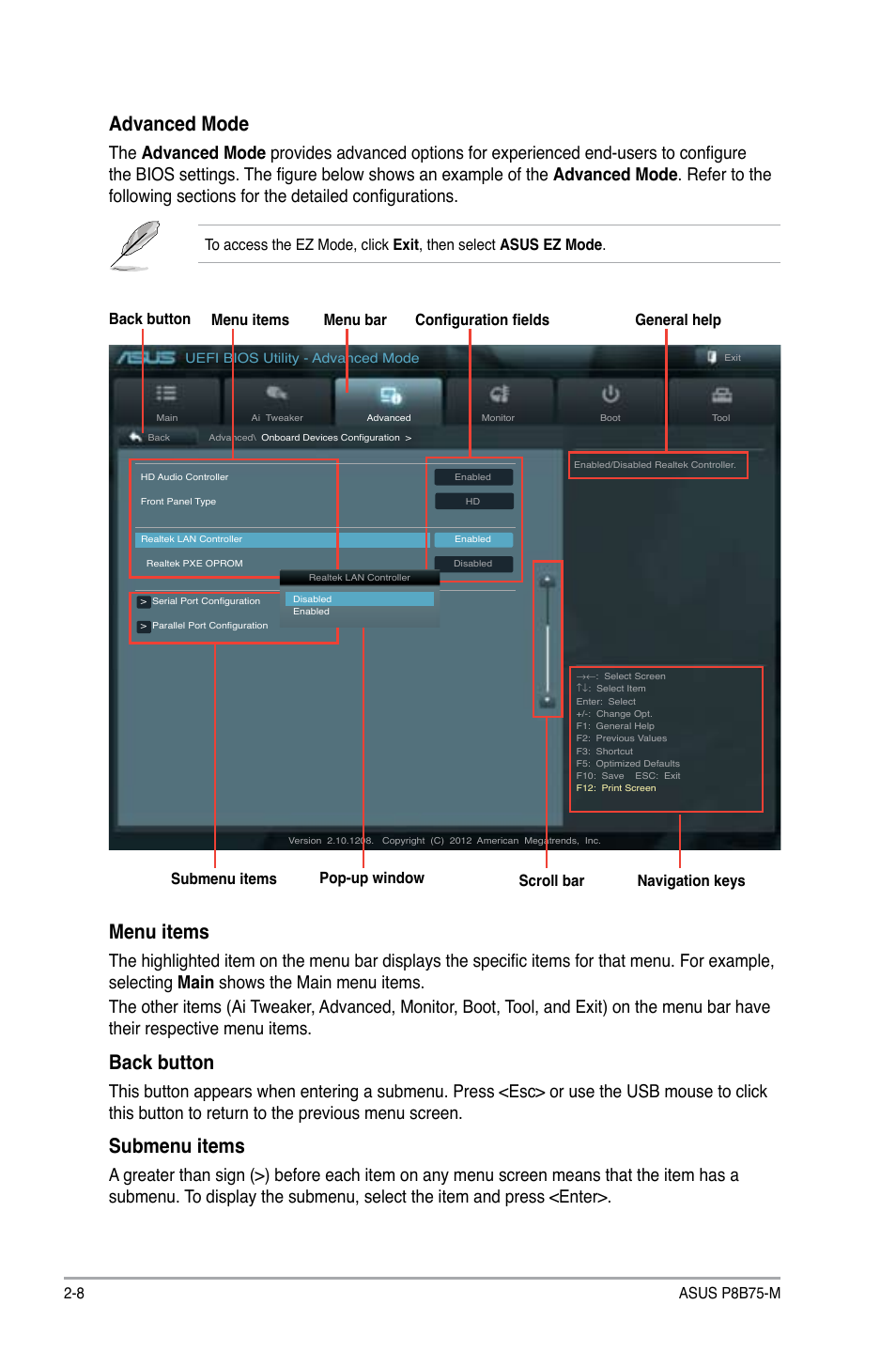 Advanced mode, Menu items, Back button | Submenu items | Asus P8B75-M User Manual | Page 54 / 78