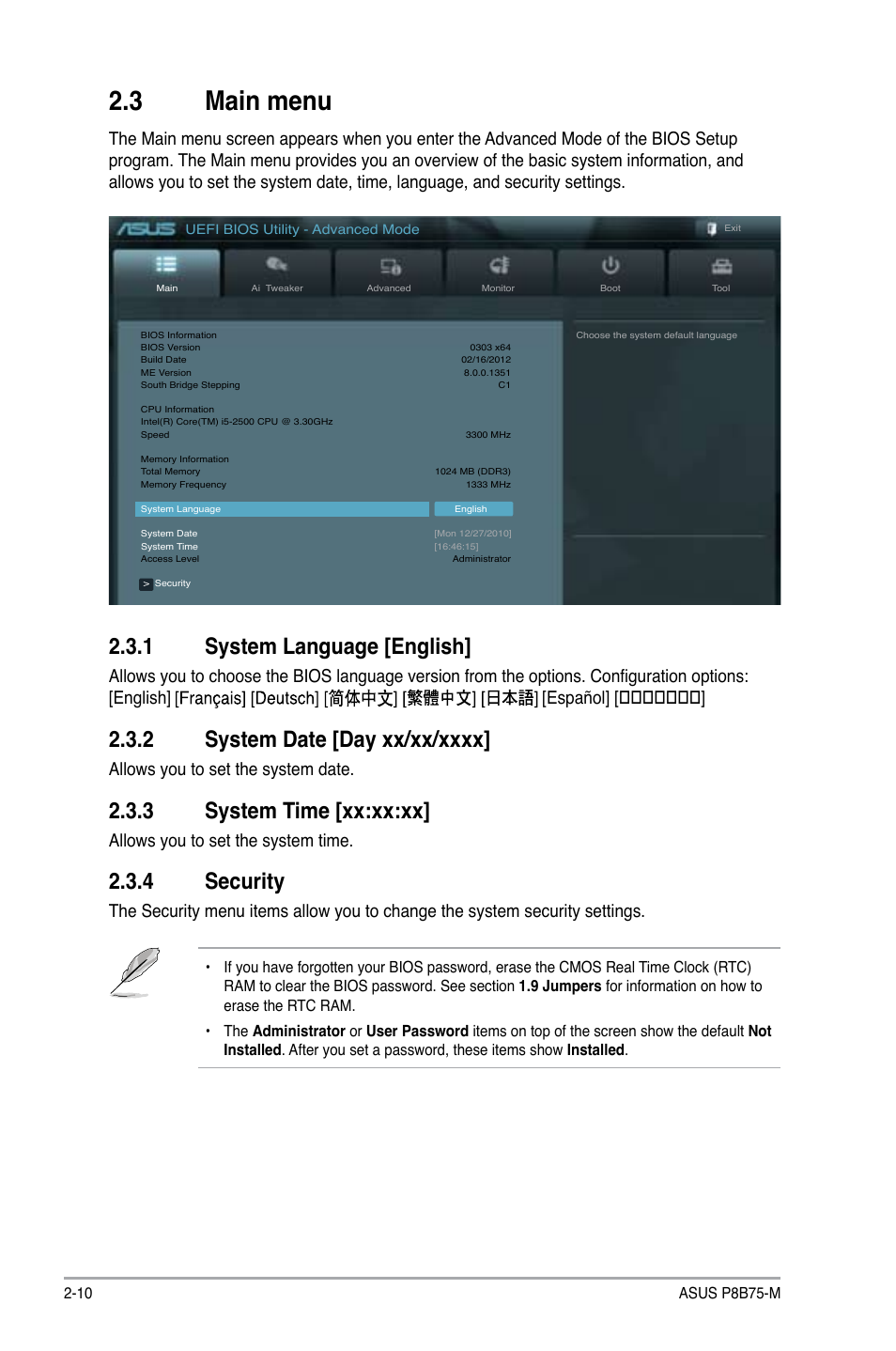 3 main menu, 1 system language [english, 2 system date [day xx/xx/xxxx | 3 system time [xx:xx:xx, 4 security, Main menu -10 2.3.1, System language [english] -10, System date [day xx/xx/xxxx] -10, System time [xx:xx:xx] -10, Security -10 | Asus P8B75-M User Manual | Page 56 / 78