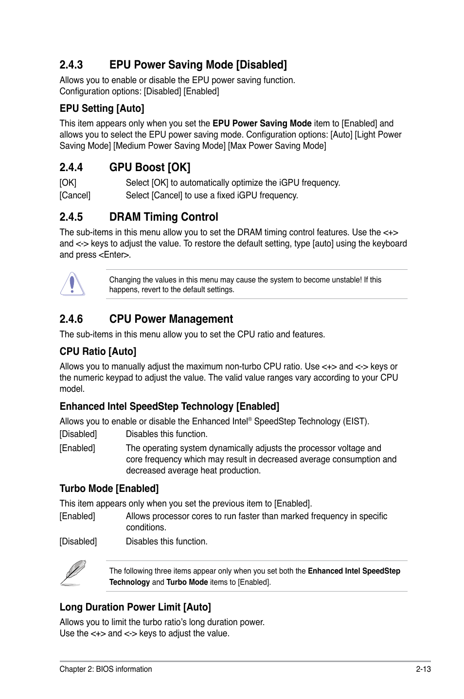 3 epu power saving mode [disabled, 4 gpu boost [ok, 5 dram timing control | 6 cpu power management, Epu power saving mode [disabled] -13, Gpu boost [ok] -13, Dram timing control -13, Cpu power management -13 | Asus P8B75-M User Manual | Page 59 / 78