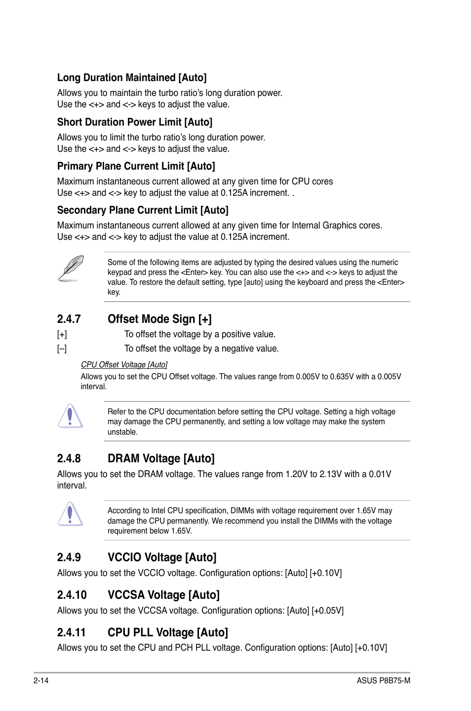 7 offset mode sign, 8 dram voltage [auto, 9 vccio voltage [auto | 10 vccsa voltage [auto, 11 cpu pll voltage [auto, Offset mode sign [+] -14, Dram voltage [auto] -14, Vccio voltage [auto] -14 | Asus P8B75-M User Manual | Page 60 / 78