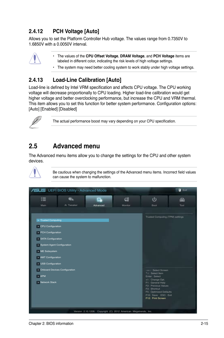 12 pch voltage [auto, 13 load-line calibration [auto, 5 advanced menu | Advanced menu -15 | Asus P8B75-M User Manual | Page 61 / 78