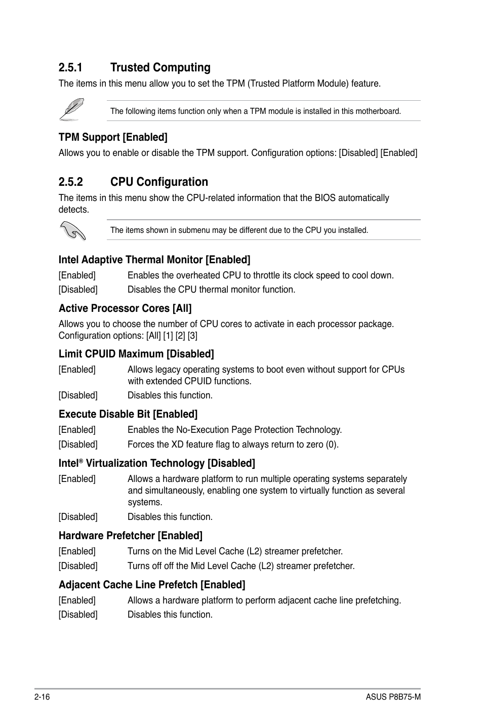 1 trusted computing, 2 cpu configuration, Trusted computing -16 | Cpu configuration -16 | Asus P8B75-M User Manual | Page 62 / 78