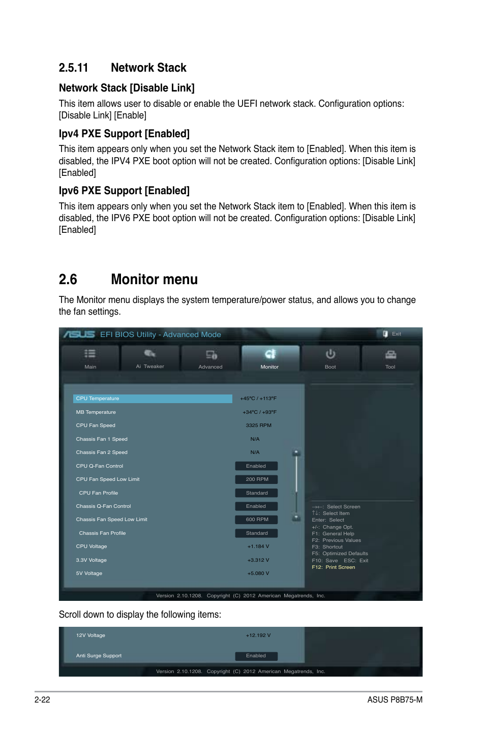 6 monitor menu, 11 network stack, Monitor menu -22 2.5.11 network stack -22 | Network stack [disable link, Ipv4 pxe support [enabled, Ipv6 pxe support [enabled | Asus P8B75-M User Manual | Page 68 / 78