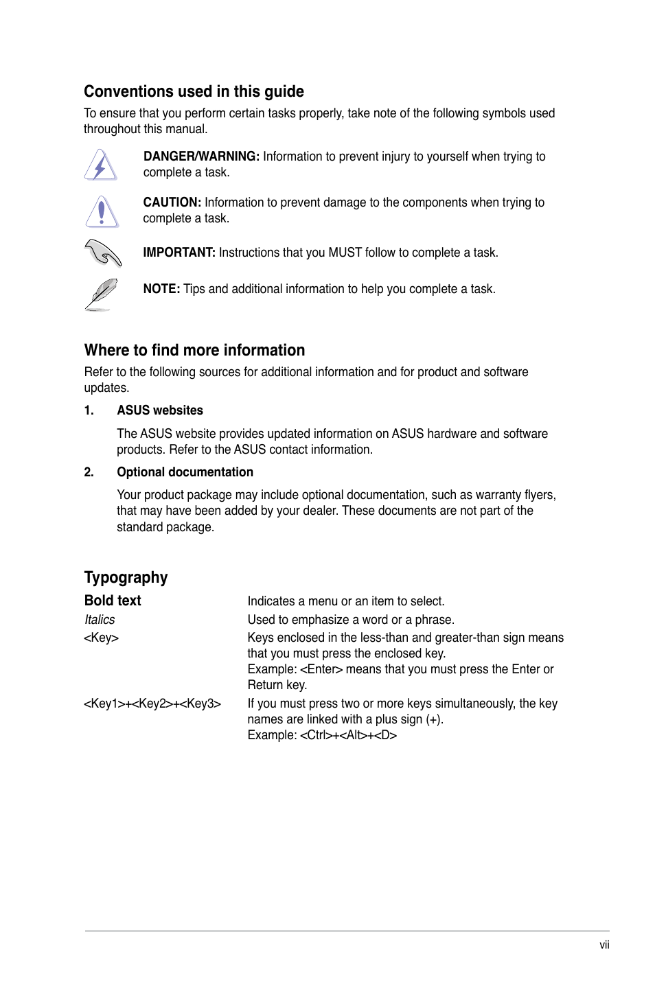 Conventions used in this guide, Where to find more information, Typography | Asus P8B75-M User Manual | Page 7 / 78