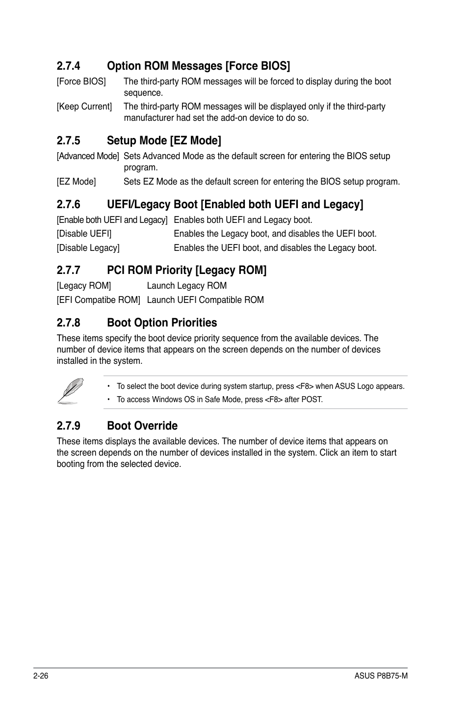 4 option rom messages [force bios, 5 setup mode [ez mode, 6 uefi/legacy boot [enabled both uefi and legacy | 7 pci rom priority [legacy rom, 8 boot option priorities, 9 boot override, Option rom messages [force bios] -26, Setup mode [ez mode] -26, Pci rom priority [legacy rom] -26, Boot option priorities -26 | Asus P8B75-M User Manual | Page 72 / 78