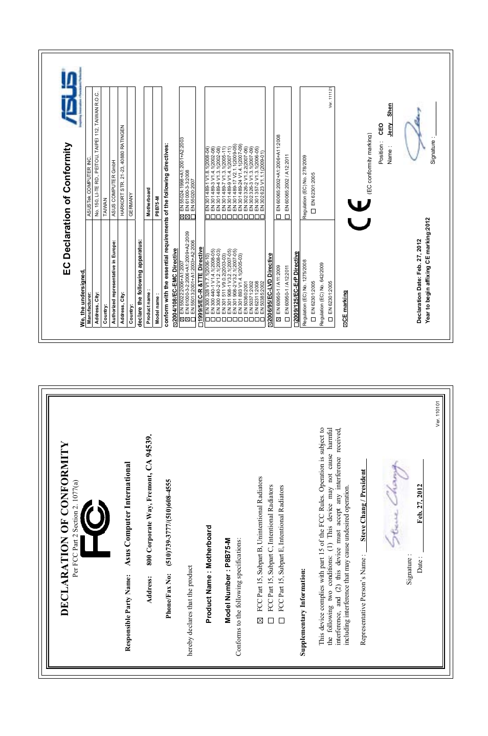 Declaration of conformity, Ec declaration of conformity, Asu s c om pu te r in te rn at io na l | Asus P8B75-M User Manual | Page 78 / 78