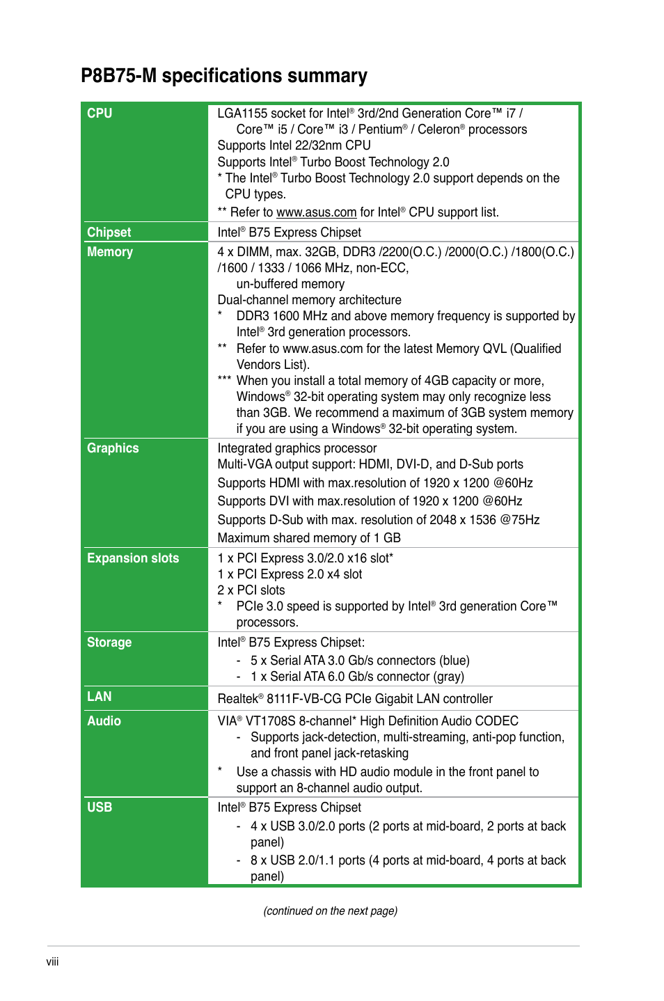 P8b75-m specifications summary | Asus P8B75-M User Manual | Page 8 / 78