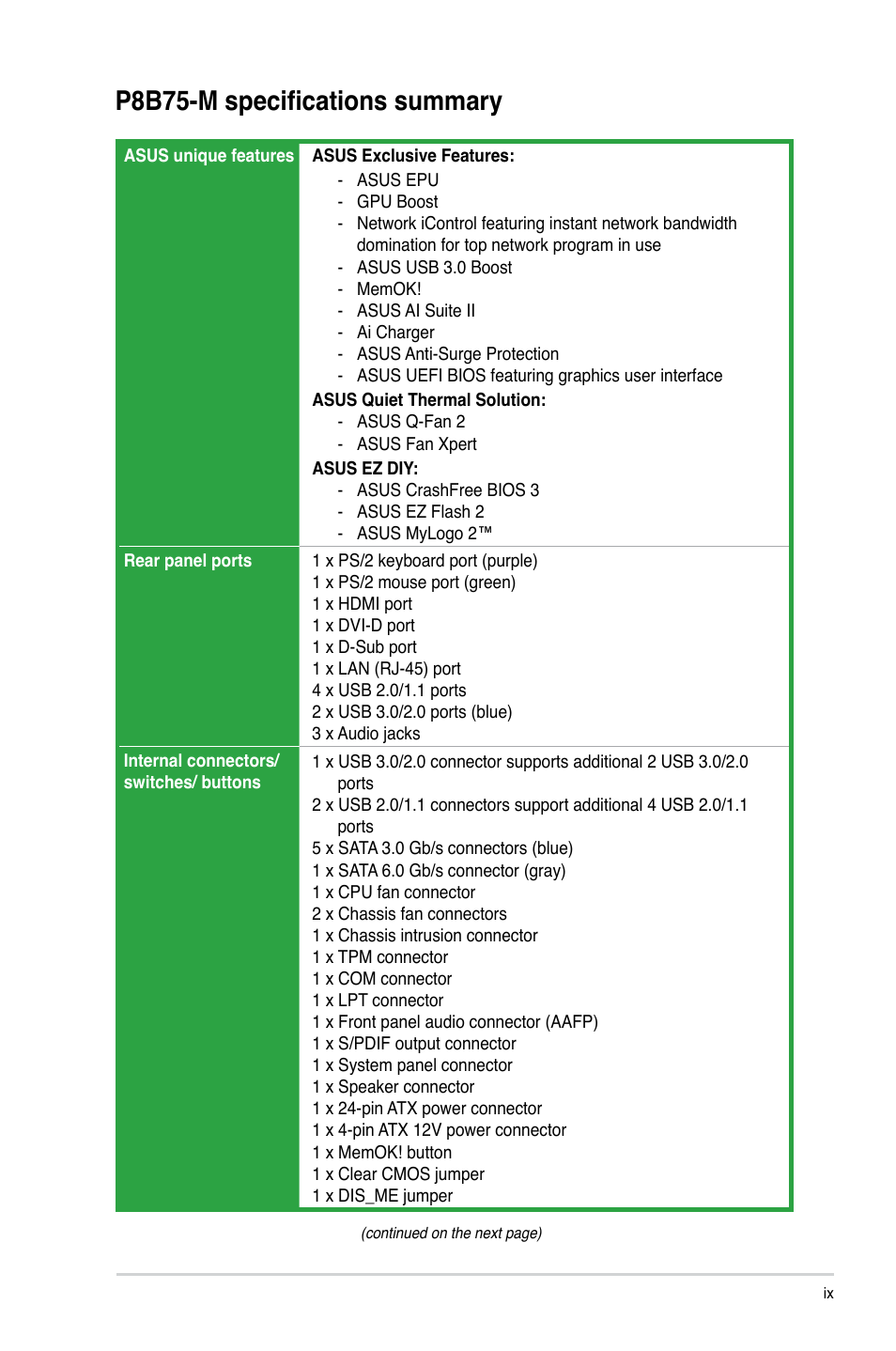 P8b75-m specifications summary | Asus P8B75-M User Manual | Page 9 / 78