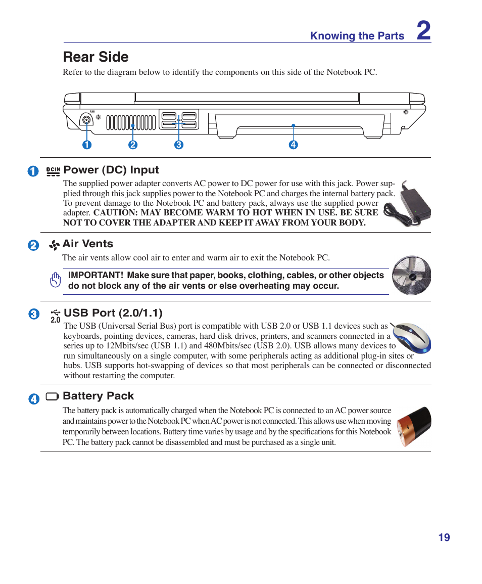 Rear side | Asus F7E User Manual | Page 19 / 87