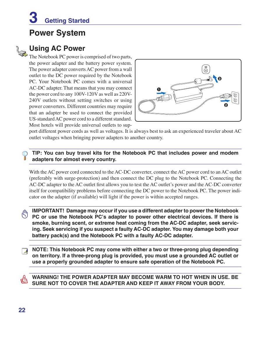 Power system, Using ac power | Asus F7E User Manual | Page 22 / 87