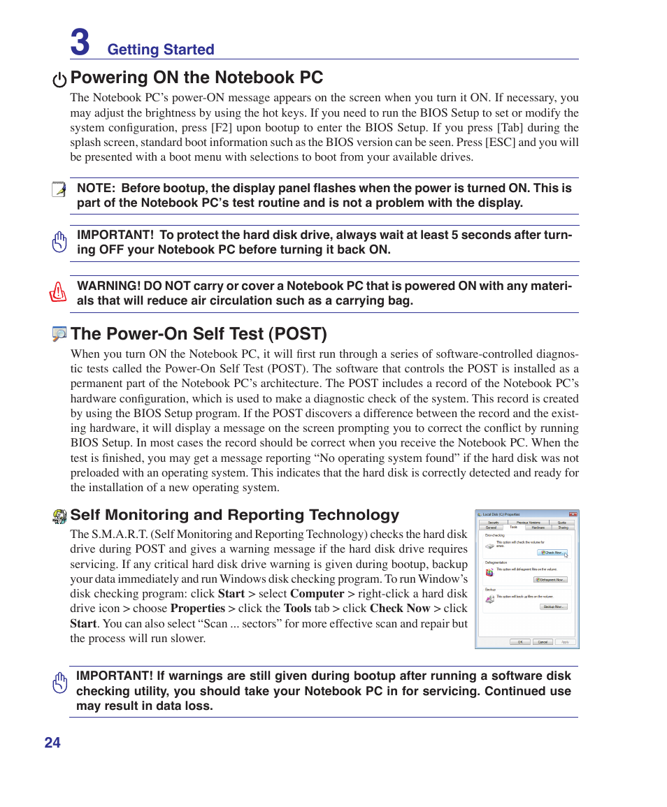 Powering on the notebook pc, The power-on self test (post) | Asus F7E User Manual | Page 24 / 87