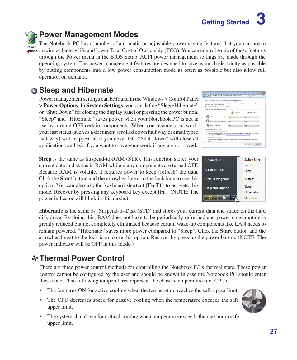 Power management modes, Sleep and hibernate, Thermal power control | Asus F7E User Manual | Page 27 / 87