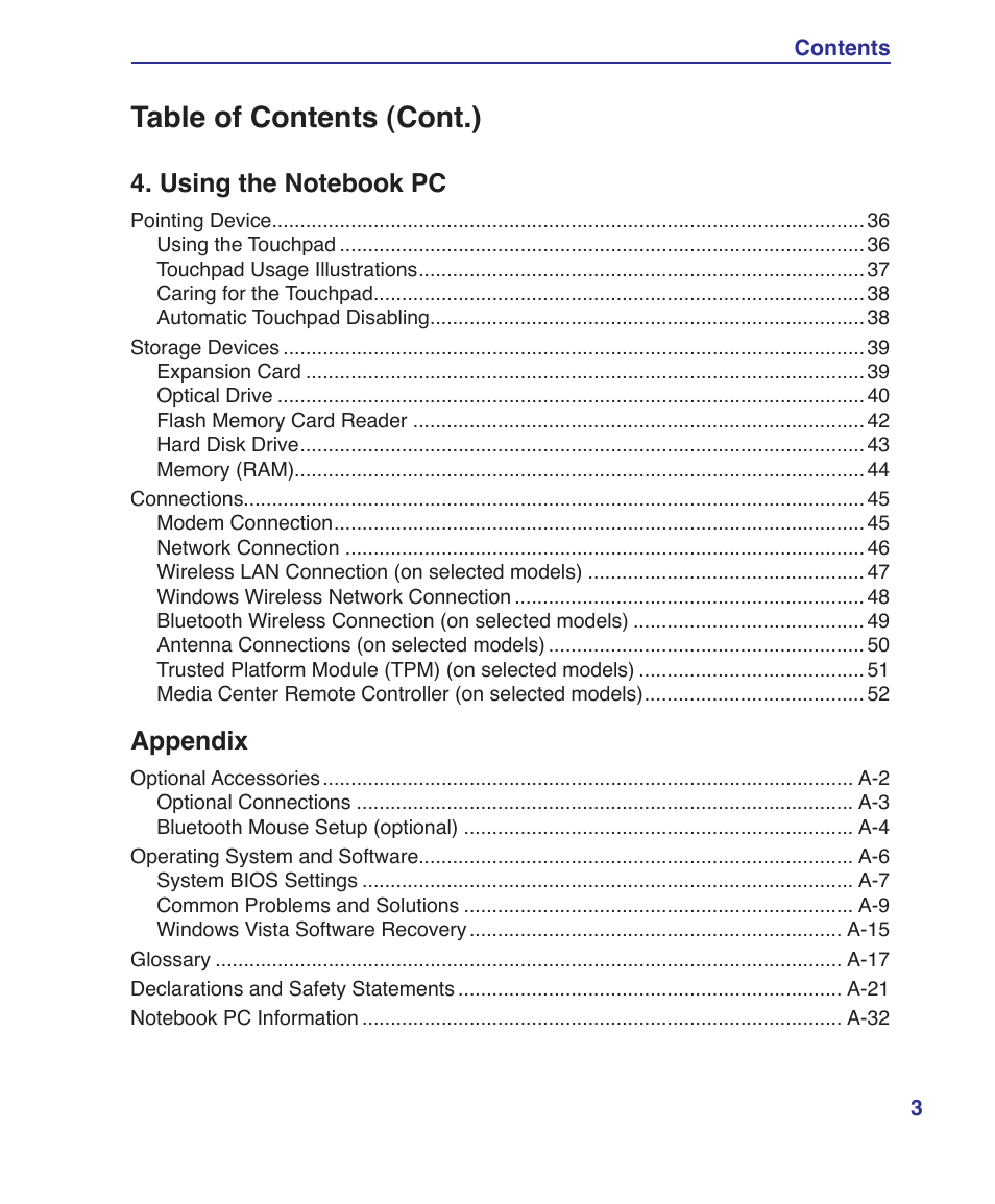 Table of contents (cont.), Appendix | Asus F7E User Manual | Page 3 / 87