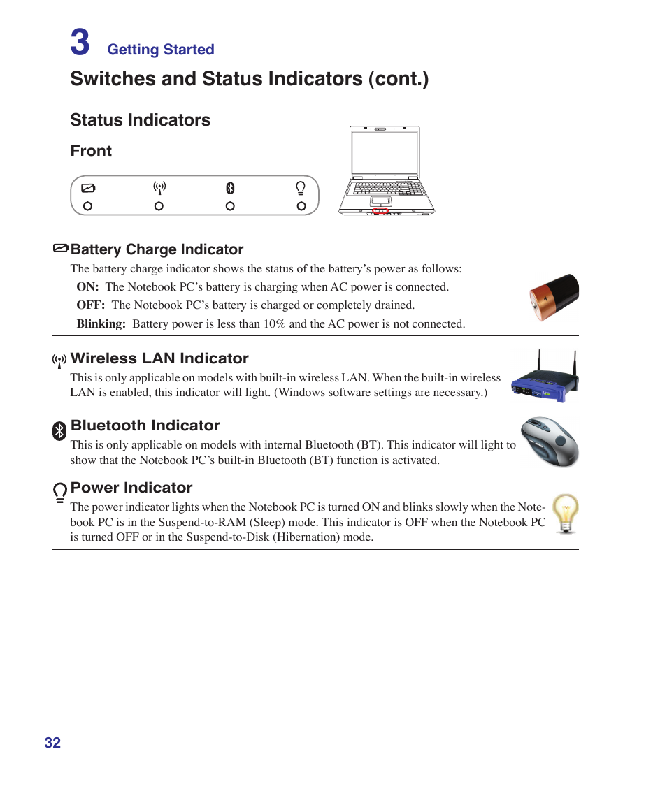 Status indicators, Switches and status indicators (cont.) | Asus F7E User Manual | Page 32 / 87