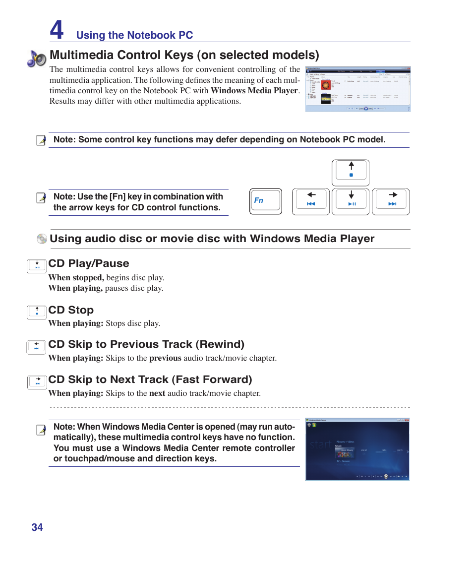 Multimedia control keys (on selected models) | Asus F7E User Manual | Page 34 / 87