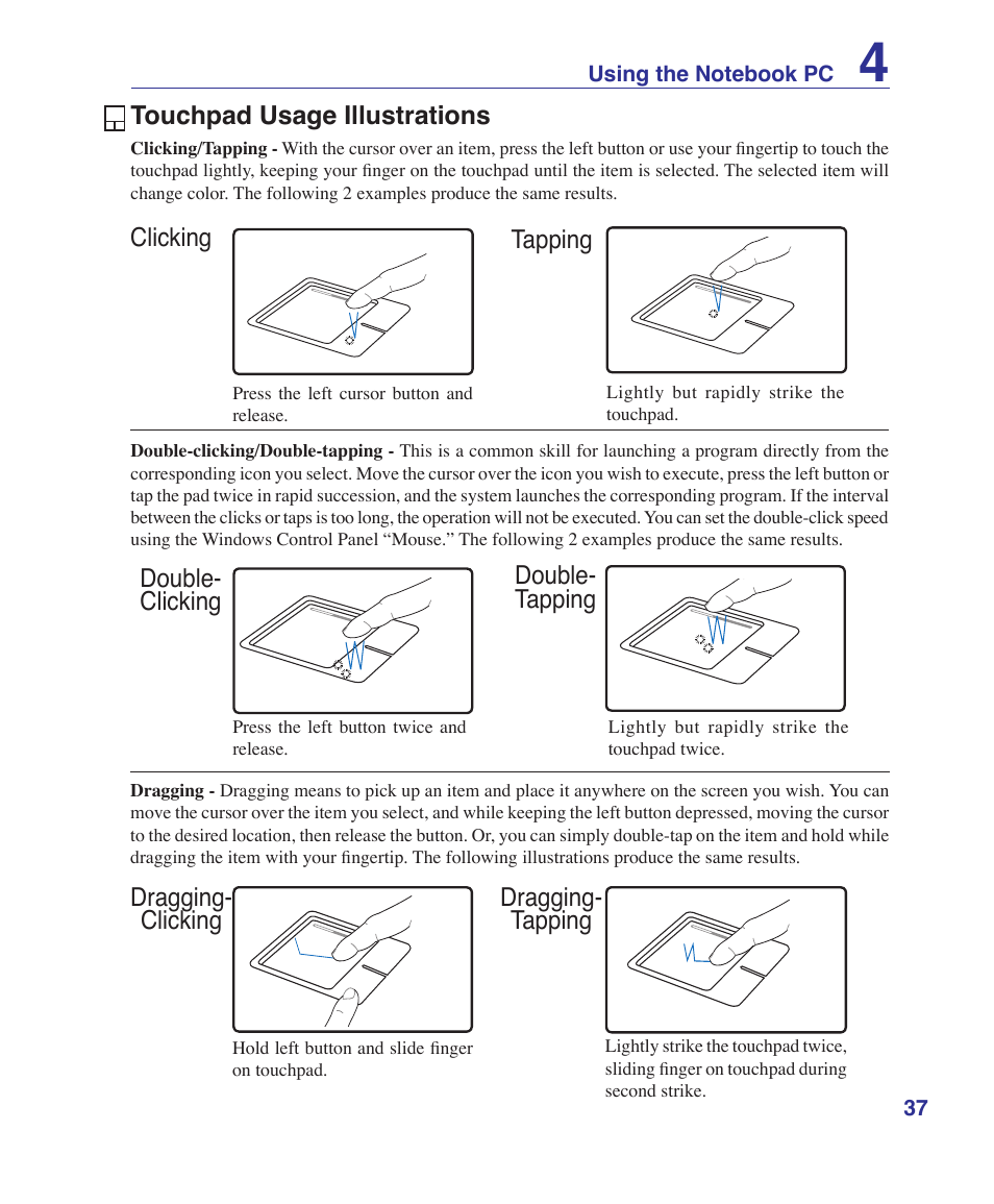 Touchpad usage illustrations, Dragging- clicking dragging- tapping | Asus F7E User Manual | Page 37 / 87