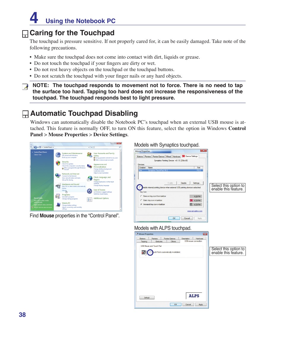 Caring for the touchpad, Automatic touchpad disabling | Asus F7E User Manual | Page 38 / 87