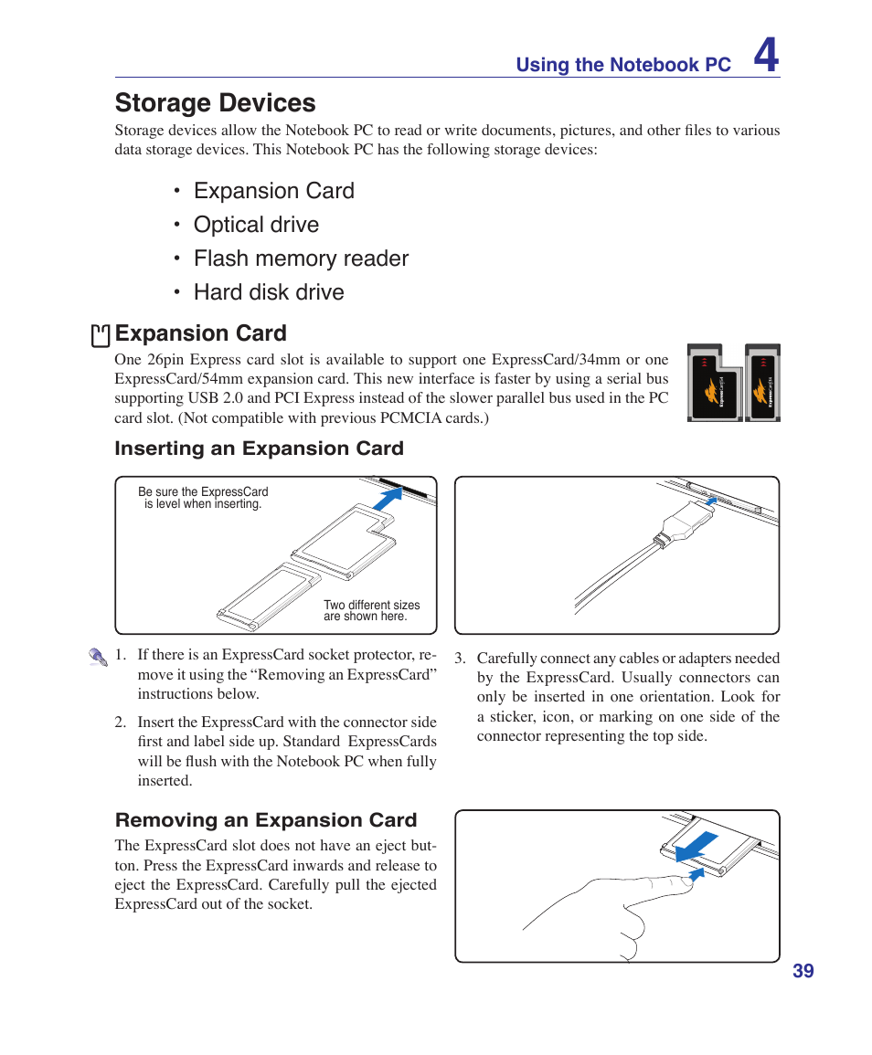 Storage devices, Expansion card | Asus F7E User Manual | Page 39 / 87