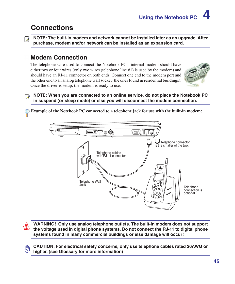 Connections, Modem connection | Asus F7E User Manual | Page 45 / 87