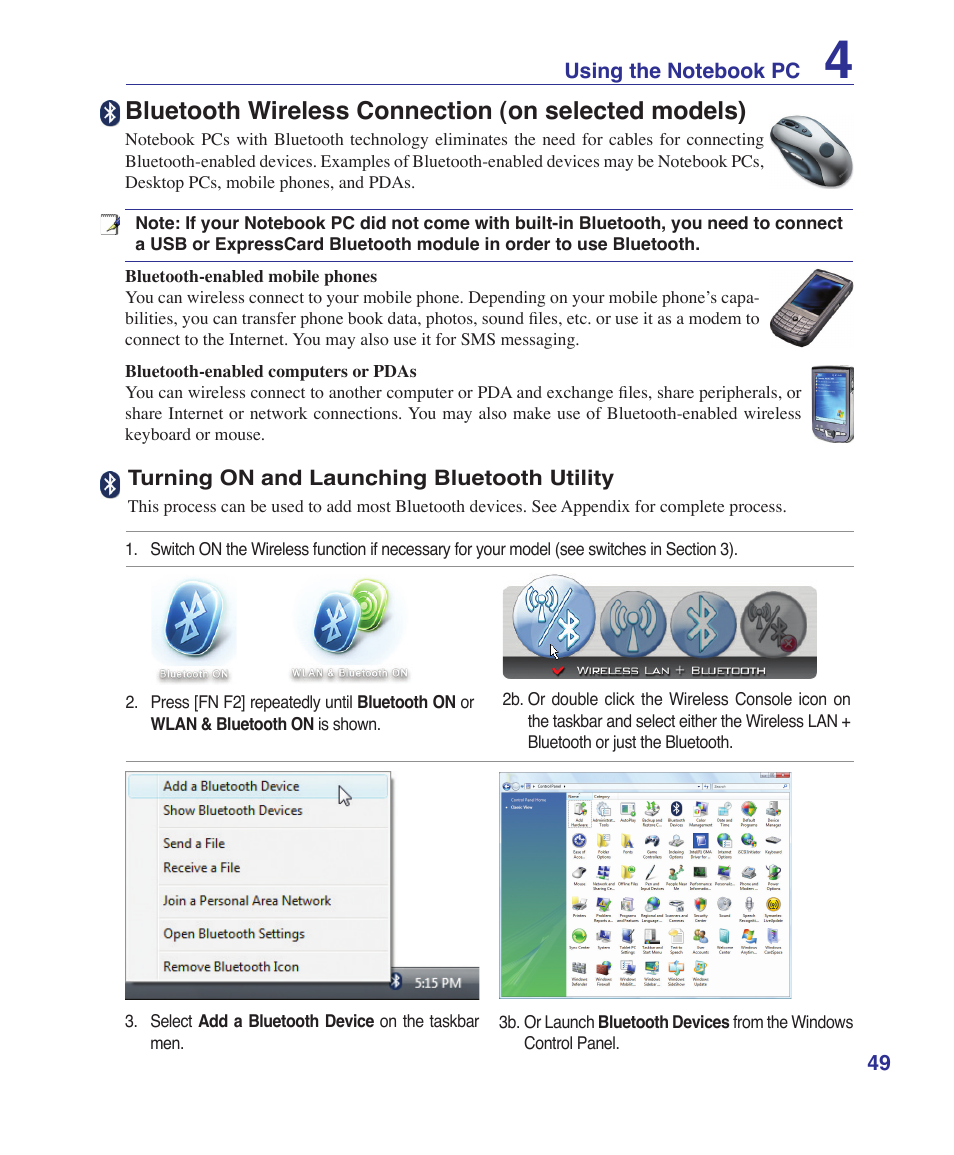 Bluetooth wireless connection (on selected models) | Asus F7E User Manual | Page 49 / 87