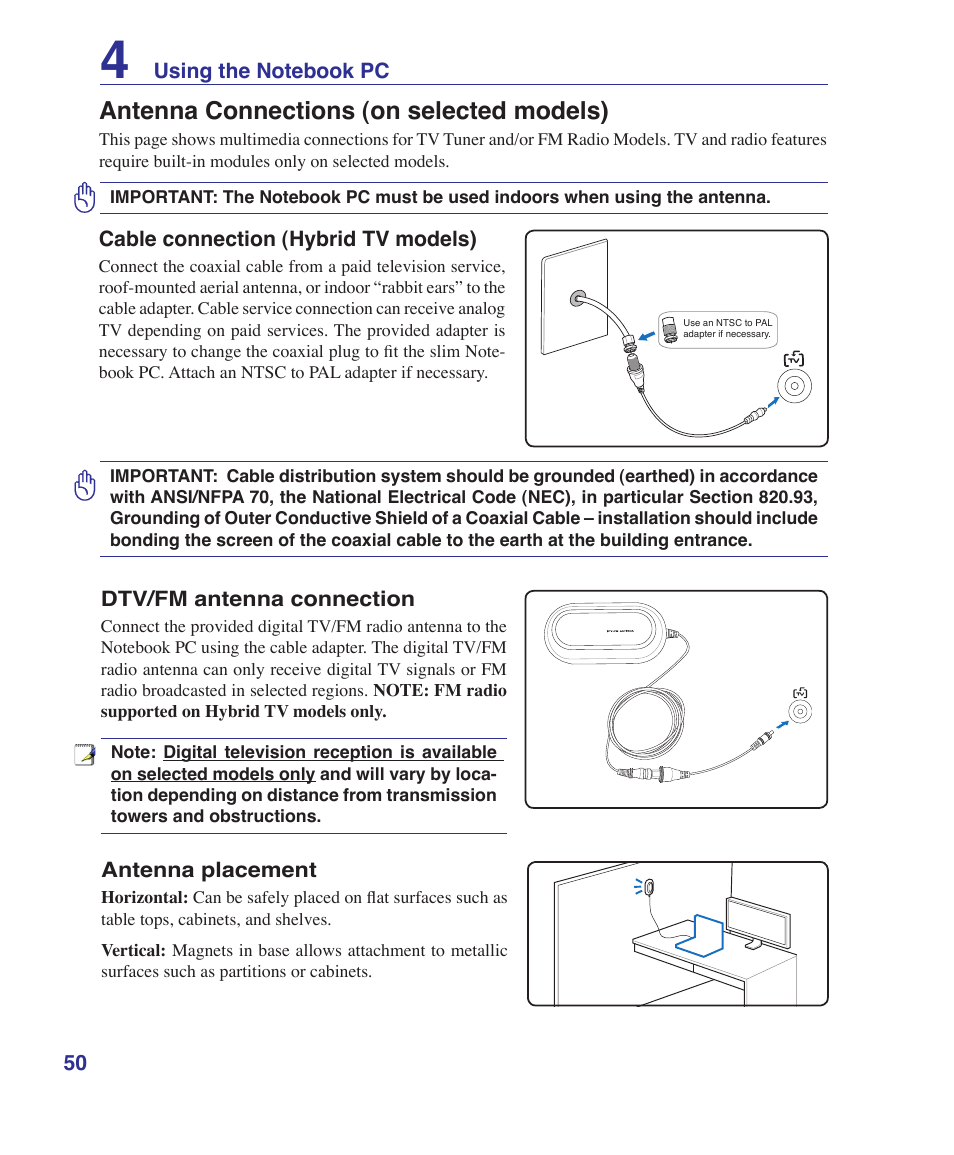 Antenna connections (on selected models) | Asus F7E User Manual | Page 50 / 87