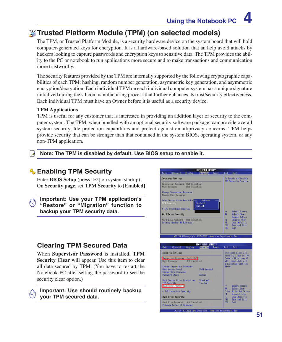 Trusted platform module (tpm) (on selected models) | Asus F7E User Manual | Page 51 / 87