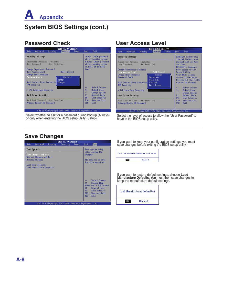 System bios settings (cont.) | Asus F7E User Manual | Page 62 / 87