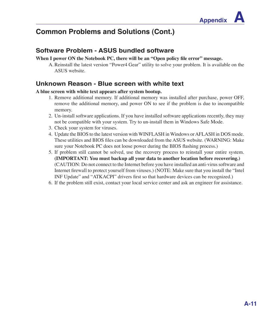 Common problems and solutions (cont.) | Asus F7E User Manual | Page 65 / 87